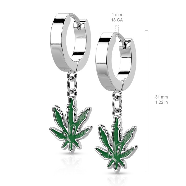 Ein Paar Hoop Ohrringe aus 316L Chirurgenstahl mit hängenden Marihuana Blättern