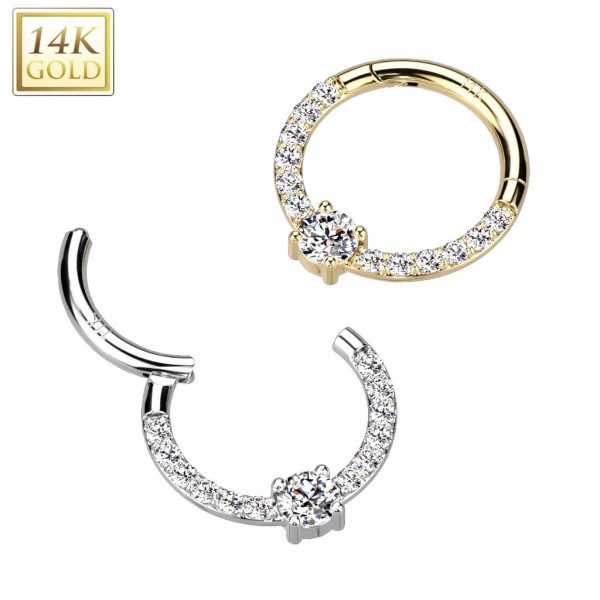 14 Karat Gold Segment Clicker Hoop Ring mit einem runden Kristall in der Mitte und kristallbesetzten