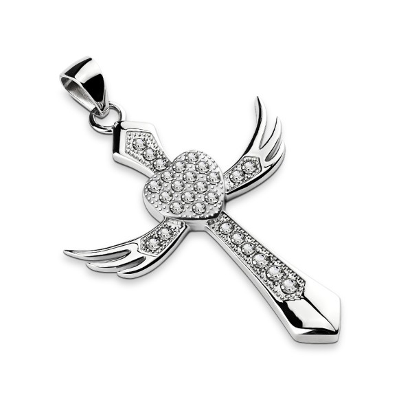 Kreuz mit Flügeln Diamanten Anhänger Kette Silber 316L Stahl