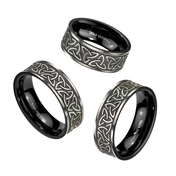 Schwarzer Ring mit keltischem Trinity Knot, 316L Chirurgenstahl