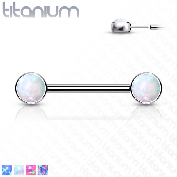 Titan Push In Nippel Barbell Piercing mit Opalen und flachen Opal Kugeln vorne Intim