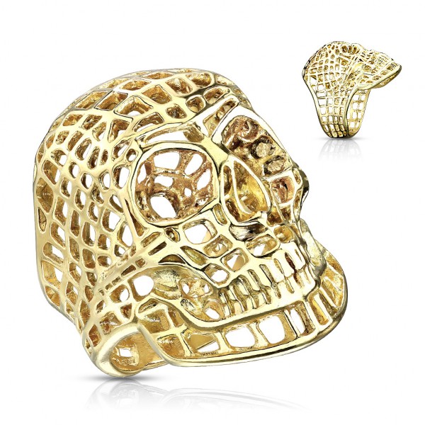 316 Chirurgenstahl Totenkopf Ring mit Gold PVD im Gitter Design