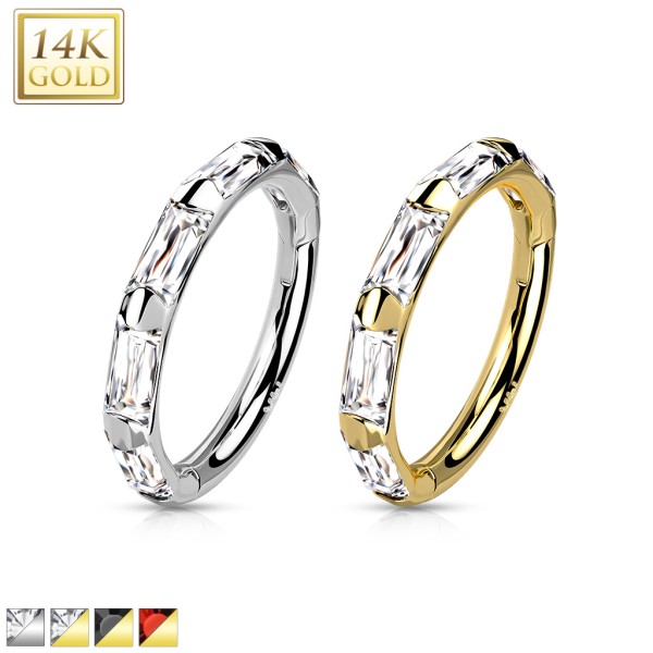 14 Karat Gold Segment Clicker Ring mit rechteckigen Zirkonia in Baguettefassung für Nase & Ohr