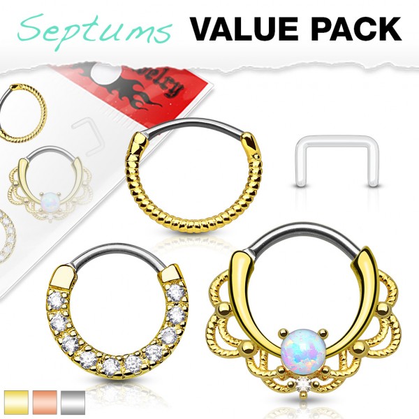 Piercing Ring Set für Septum und Ohr mit Zirkonia und Opal, Septum Retainer, 3 Stück