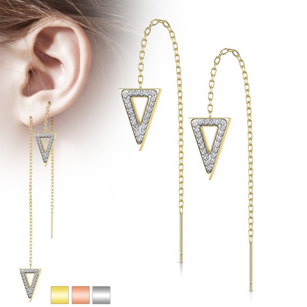 Ein Paar Threader Ohrringe im Dreieck Design mit Zirkonia in Pavé Fassung aus 316L Chirurgenstahl